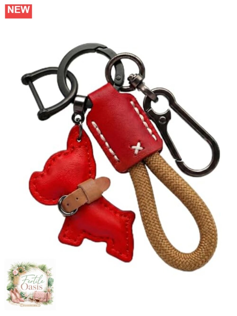 Genuine Cowhide Leather Puppy Keychain Bag Charm with D-Ring Anti-Lost